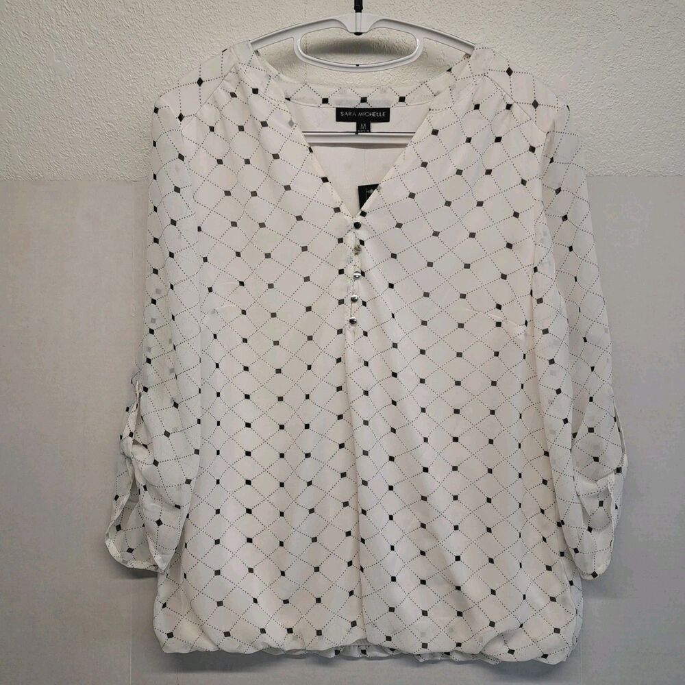 Sara Michelle Women's M Blouse Large White Black 3/4 Sleeve Roll Tab - Picture 1 of 8